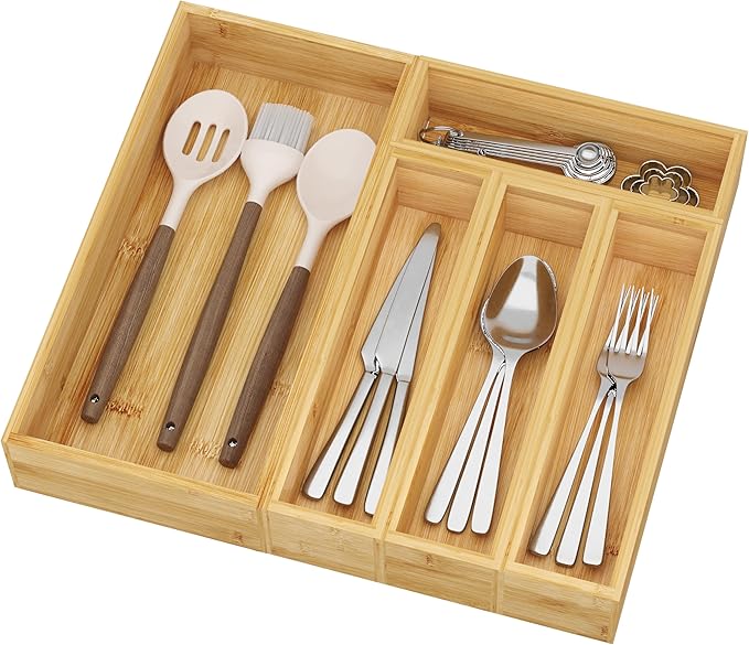 BAMEOS Utensil Drawer Organizer, 5 Slots Silverware Organizers for Kitchen Drawers, Bamboo Flatware Organizer for Knives Cutlery Spoons Forks (Natural)