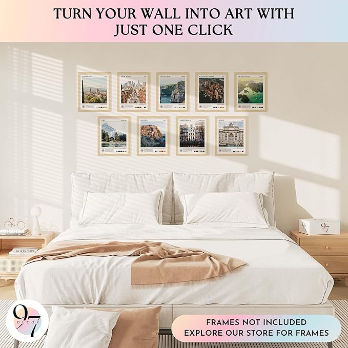 97 Decor Vintage Travel Wall Decor - Around World Travel Wall Art, Trendy City Wall Art Prints, Retro New York Europe Aesthetic Destination Pictures (8x10 Unframed)