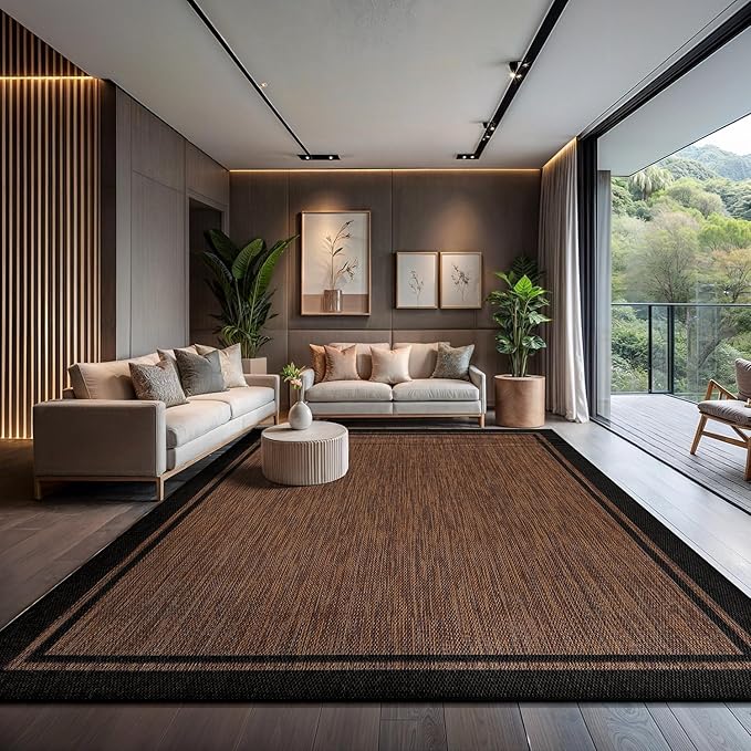 CAMILSON Indoor Outdoor Rug, 10x14 Bordered Nut Brown Black Modern Area Rugs for Indoor and Outdoor Patios, Kitchen and Hallway Mats, Washable Porch Deck Outside Carpet (Border Nut Brown Black 10 x14)