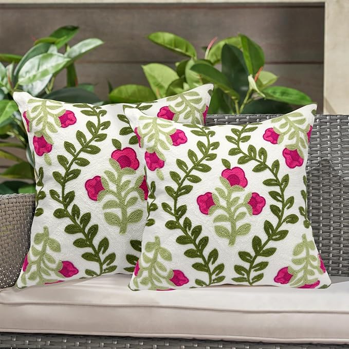 Alysheer Summer Decorative Throw Pillow Covers 18"x 18" Set of 2, Floral Embroidered Farmhouse Hot Pink Flowers Green Vine Patterned Cotton Canvas Cushion Case for Sofa Couch Bed Living Room Decor