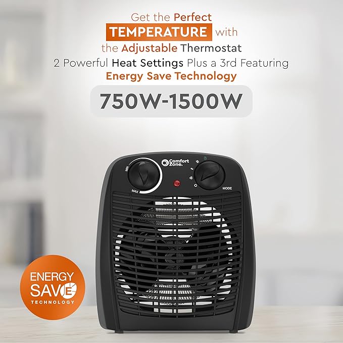 Comfort Zone Indoor Space Heater with Adjustable Thermostat, Fan Forced, Electric, Overheat Protection, Safety Tip-Over Switch, Energy Efficient, Ideal for Home, Bedroom, & Office, 1,500W, CZ45EBK