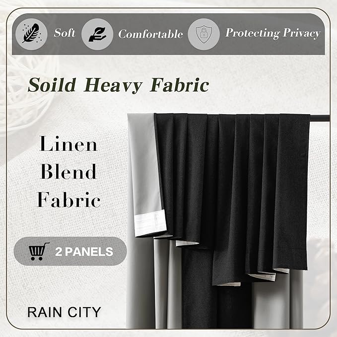 RAIN CITY Extra Wide Blackout Curtains 70 x 102 Inch Long, Linen Blend Black Out Pleated Curtains 2 Panels Set, Back Tab Pocket Textured Curtain for Home Office Patio Sliding Glass Door
