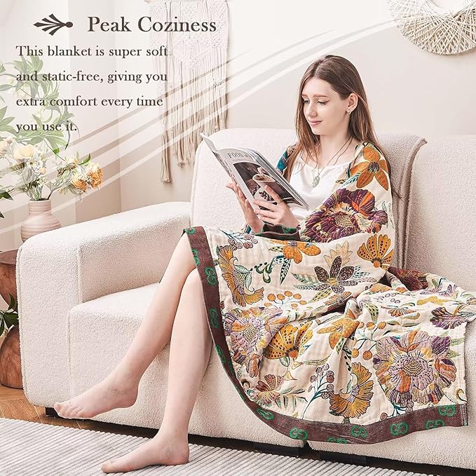 Boho Throw Blanket, 100% Cotton Ultra Soft Luxury Throw Rustic Quilt, 60"x80" Floral Printed Farmhouse Decor Bed Summer Blankets, All Season Rustic Reversible Bohemian Throw for Bed - White
