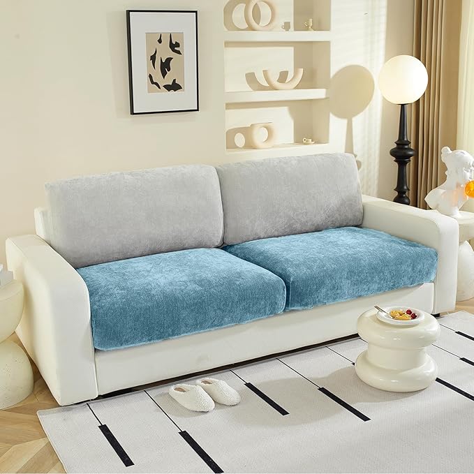 Couch Cushion Covers Individual Large Super Stretch Chenille (Softer Version) Sofa Cushion Covers, Couch Seat Covers Couch Slipcovers Furniture Protector (2PC, Blue)