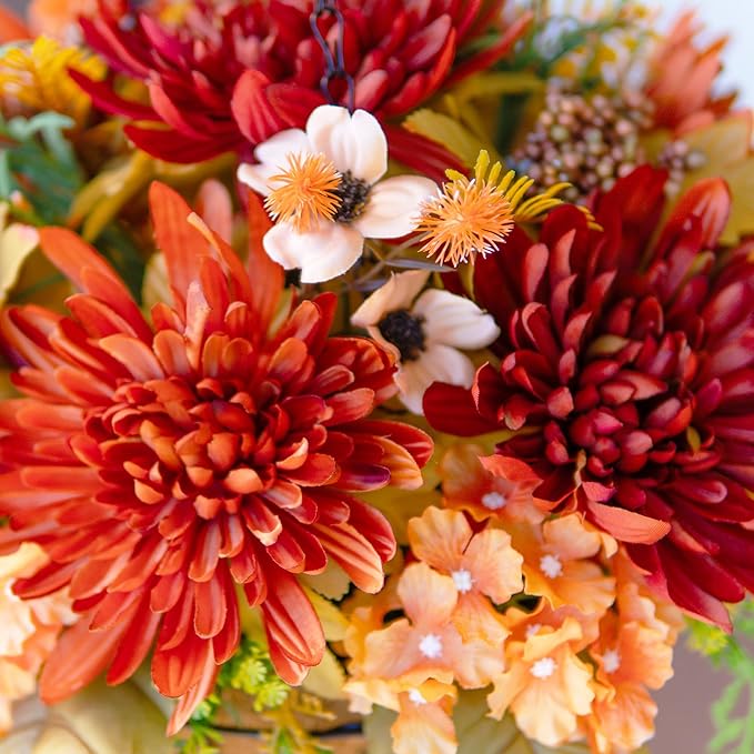 Artificial Fake Hanging Mums Flowers Plants Baskets for Outdoor Outside Decoration, Faux Silk Orange Flower Chrysanthemum UV Resistant Realistic for Porch Patio Balcony Yard Decor