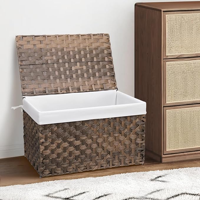 Wicker Storage Basket with Lid, 42.3 Gallon (160L) Large Blanket Basket with Lid, Woven Storage Bin with Handles, Removable Liner, Metal Frame, Foldable, for Bedroom, Laundry Room, Brown