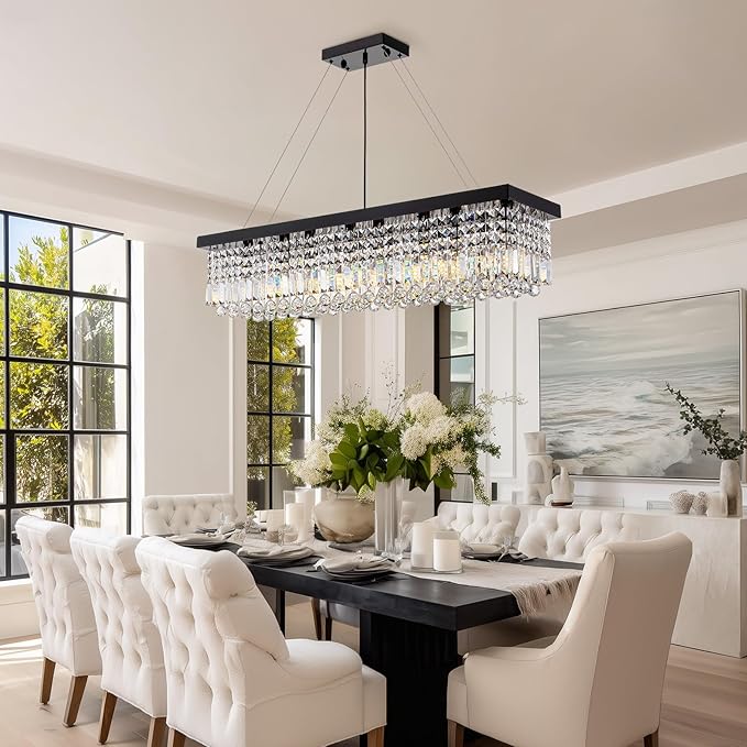 8 Light Modern Crystal Chandelier for Dining Room,Rectangular Rectangle Raindrop Crystal Light Fixture,Height Adjustable for Kitchen Island L40''xW10''xH10''