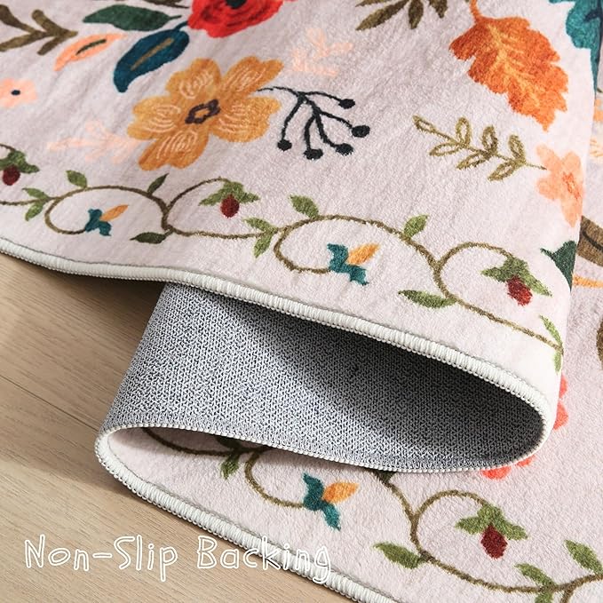 Living Room Rug 5x7 Rug Machine Washable Boho Area Rug Non Slip Floral Vintage Low Pile Large Rugs for Living Room, Bedroom, Farmhouse, Dining Room, Kids Playroom(Beige)