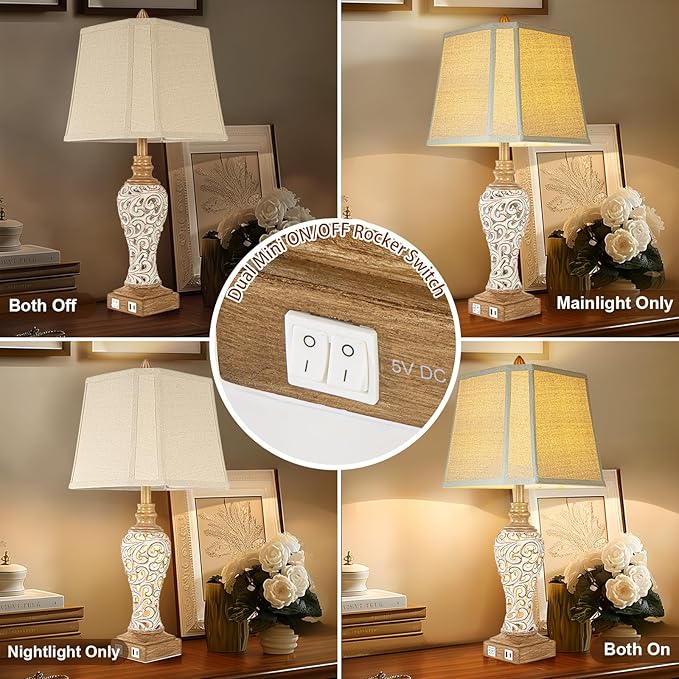 28.5" Rustic Table Lamp Set of 2 For Living Room Farmhouse Lamps for Bedroom, Bedside Lamps with Night Lights And USB C+A Charging Ports for Decor Office Study Hotel (Bulbs Included)