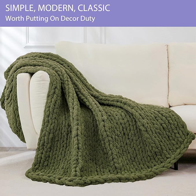 Bigacogo Chunky Knit Throw Blanket for Couch, 40x40 inches, 100% Hand Knitted with Thick Jumbo Chenille Yarn, Cozy Soft Large Rope Knot Cable Crochet Blankets for Sofa Bed Living Room, Yellow Green