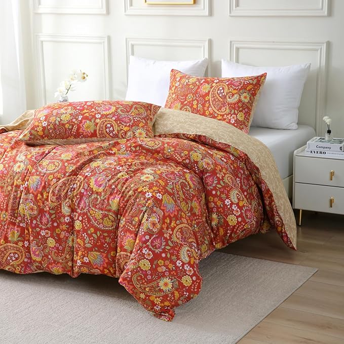ABREEZE Paisley Bedding Sets 3Pcs Brushed Cotton Duvet Cover Set King Size Rustic Damask Red Floral Comforter Cover with Zipper Closure Boho Bedding Collections