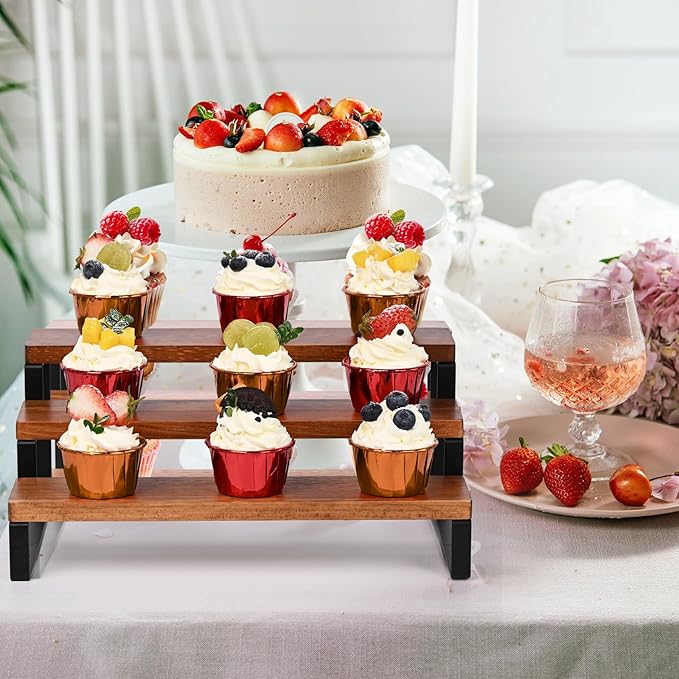 3 Tier Wooden Display Riser Stand Perfume Organizer with Metal Stand, Dessert Table Display Set, Food Display Stands for Party, Brown Rustic Solid Wood Shelf for Cupcakes, Perfume, Cologne, Spiece