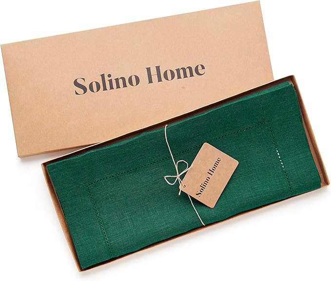 Solino Home Linen Rainforest Green Table Runner 120 Inches Long - 100% Pure Linen Hemstitch 14 x 120 Inch Table Runner for Dining, Fall, Autumn, Thanksgiving - Classic Hemstitch