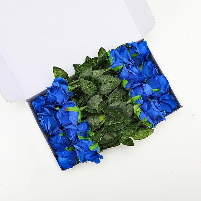 Blue Fake Roses Artificial Flowers - 16 Pcs Fake Artificial Roses Silk Flowers with Stems for Home Wedding Hotel Office Centerpiece Decor