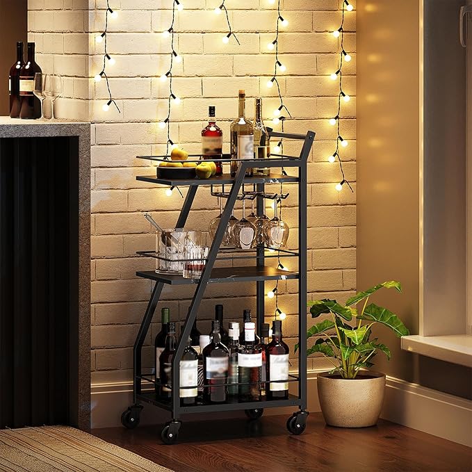 Bar Cart, Bar Cart for The Home, Small Bar Cart on Wheels, Beverage Cart, Home Bar Serving Cart with Glass Holder, Drink Cart for Bar, Kitchen, Dining, Marble Black and Black BC03BM