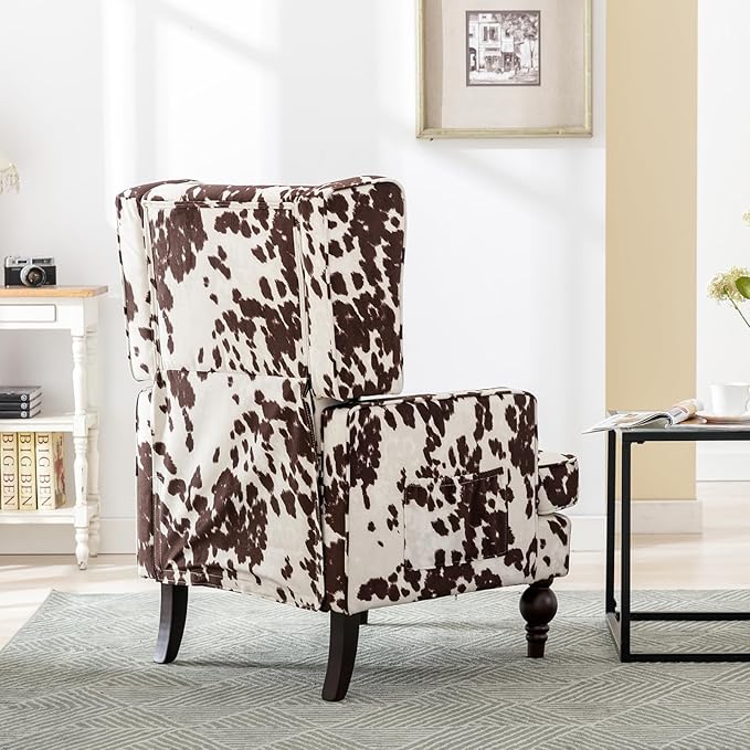 DUOMAY Tufted Accent Chair, Modern Upholstered Wingback Side Arm Chair for Living Room Bedroom with Wood Legs, Comfy Reading Guest Chair for Office, Milk Cow/Brown