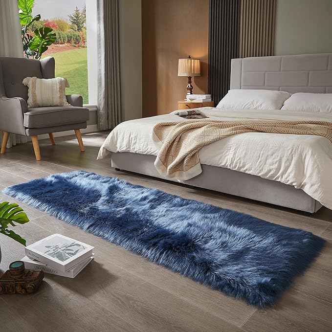AMTOVO Faux Fur Rug, Dark Blue Ultra Soft Fluffy Shag Sheepskin Rug, 2 x 6 ft Runner Area Rugs for Bedroom Sofa Throw Cushion Room Decor, Rectangle