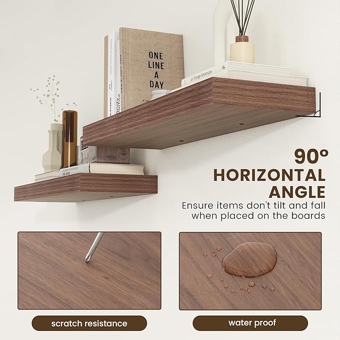 Deep Floating Shelves for Wall, 36'' x 12'' Rustic Large Floating Shelves Set of 2, 12 Inch Deep Walnut Wood Wall Shelves for Living Room Bathroom Laundry Room Bedroom Kitchen Home Office - Walnut