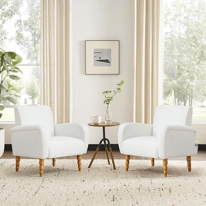 Chenille Fabric Accent Chairs Set of 2, Upholstered Armchair with Solid Wood Legs, Modern Living Room Accent Chair, Comfy Single Sofa Reading Club Chair for Bedroom Reception Lounge, White