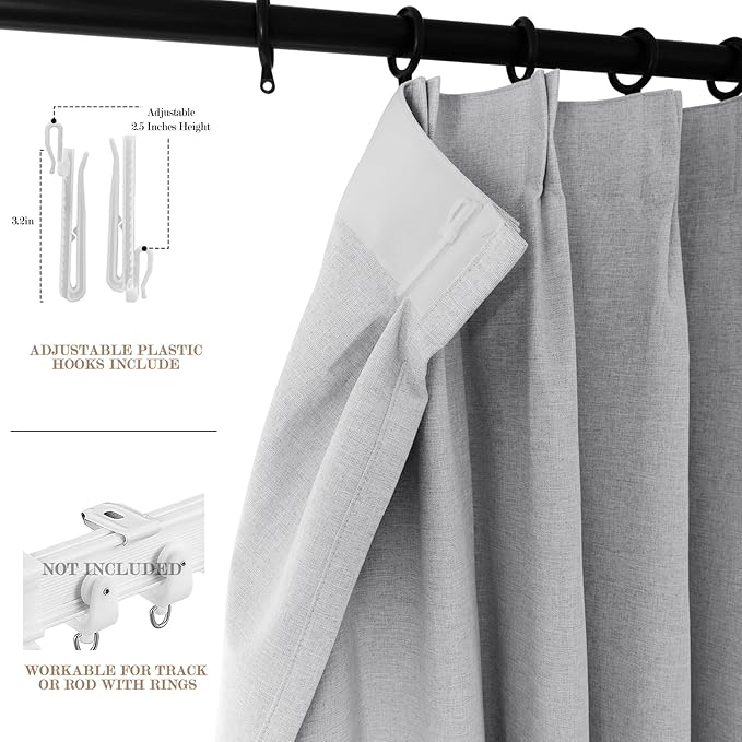 100% Blackout Linen Textured Drapes for Bedroom Pinch Pleated Curtains for Track System Portable Drapery for Sliding Glass Door/Storage/Space Room Divider, 70" Wx96 L, 1 PC, Silver Grey