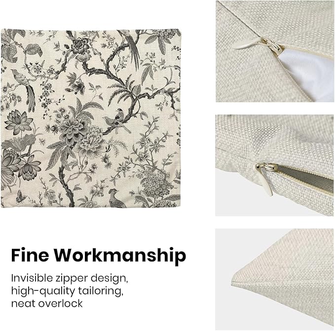 CXMEIFLY Spring Floral Birds Pillow Covers 16 x 16 Inch Set of 2 for Chinoiserie Flowers Decor Throw Pillows Black and White Plant Outdoor Decorative Cushion Cases for Couch Bed Decorations