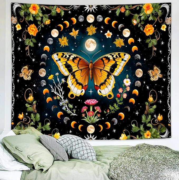 Delur Butterfly Moon Flower Tapestry Botanical Floral Plant Boho Tapestry Wall Hanging Mandala Aesthetic Mushroom Retro Vintage Headboard for Bedroom Living Room Home Decor (51.2" x 59.1")