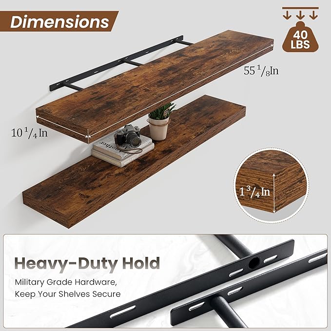 Heimlove 55 Inch Floating Shelves for Wall,10 Deep Large Rustic Brown Wall Shelf with Heavy Duty Brackets,Mounted Storage & Display Shelves for Bedroom,Living Room,Kitchen,Office,Set of 2