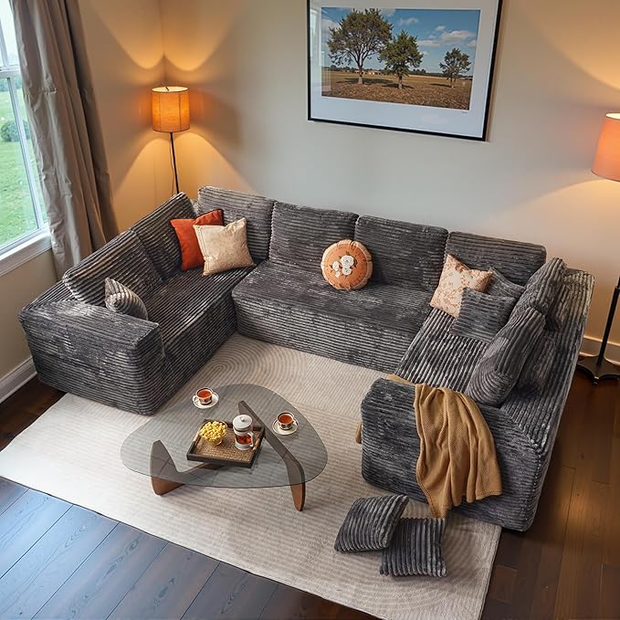 ovios Sectional Cloud Couch for Living Room, Modular Floor Sofa with Plush Corduroy, No Assembly Required, Big Comfy Couches Set with Fluffy Memory Foam, Stupendous U Shaped Sofas with Chaise, Black
