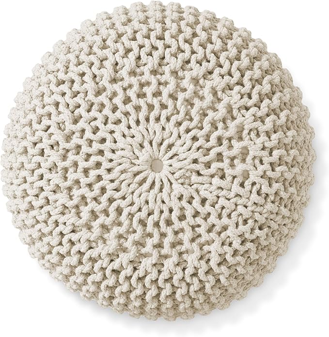 Casafield Round Pouf Ottoman, Natural - 20" Diameter x 14.5" High Cotton Knit Foot Stool - Boho Floor Pouffe for Living Room, Bedroom, Home Office