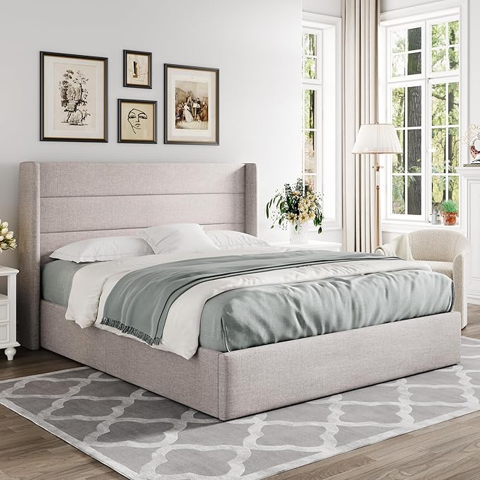 Allewie Queen Size Lift Up Storage Bed, Modern Wingback Headboard, Hydraulic Support, No Box Spring Needed, Light Beige