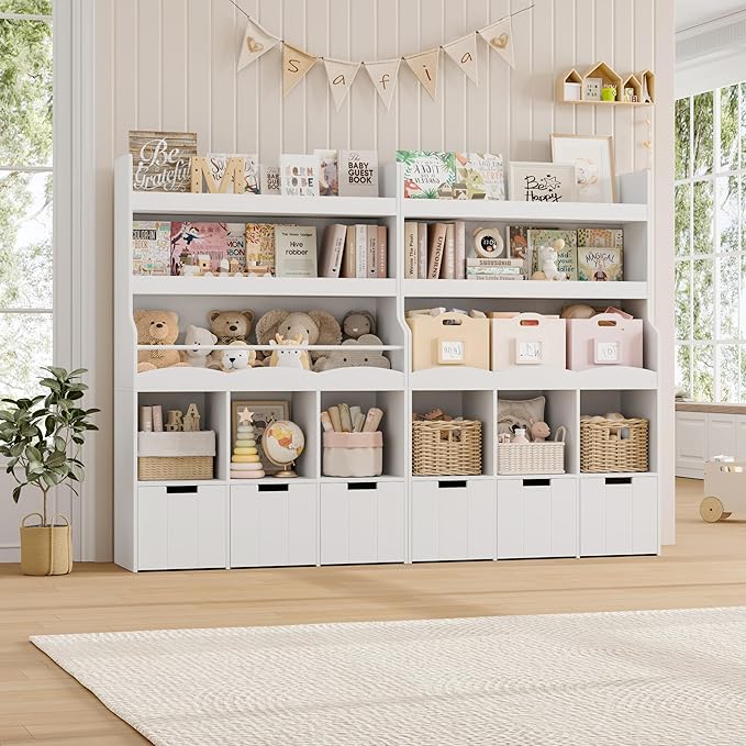 HITHOS 55.3" H Kids Bookshelf with Toy Storage Organizer, Tall Book Shelf with 3 Movable Toy Storage Bins, Large Kids Bookcase with Toy Chest, 39.2" W Modern Toy Box for Kid Room, Playroom, White