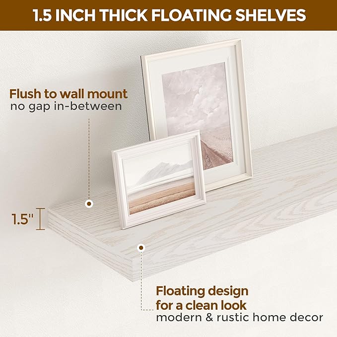 Floating Shelves 55 Inch Long, 55"W x 9"D Wall Shelf Invisible Bracket, 9 Inch Deep Floating Shelf for Wall, Rustic Wooden Shelves for Living Room, Kitchem, Bedroom, Brich Color, Set of 1