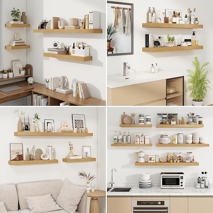 fuqing Floating Shelves for Wall, Bathroom Shelf Wall Mounted for Storage, Shelves with Invisible Bracket for Bedroom, Kitchen, Living Room, Farmhouse Small Book Shelf, 16 Inch Set of 2, Oak