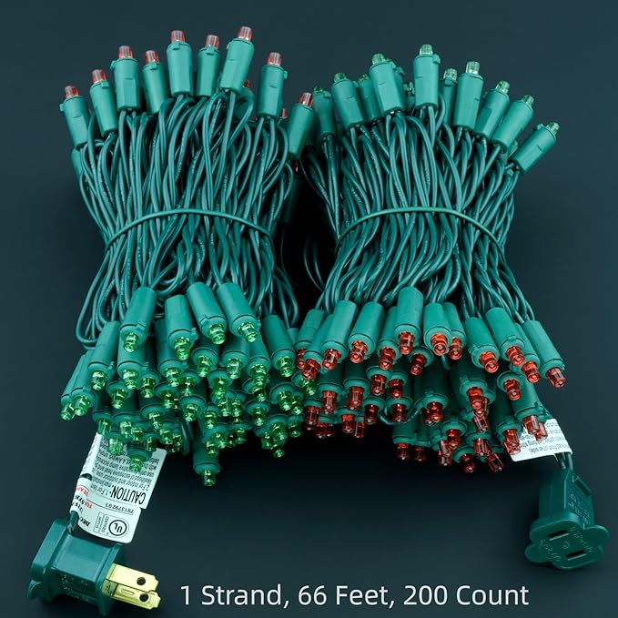200 Count Red Green Wide Angle LED Christmas Lights, 66 ft Green Wire UL Certified Commercial Grade 5mm Holiday String Light Set (Red & Green)