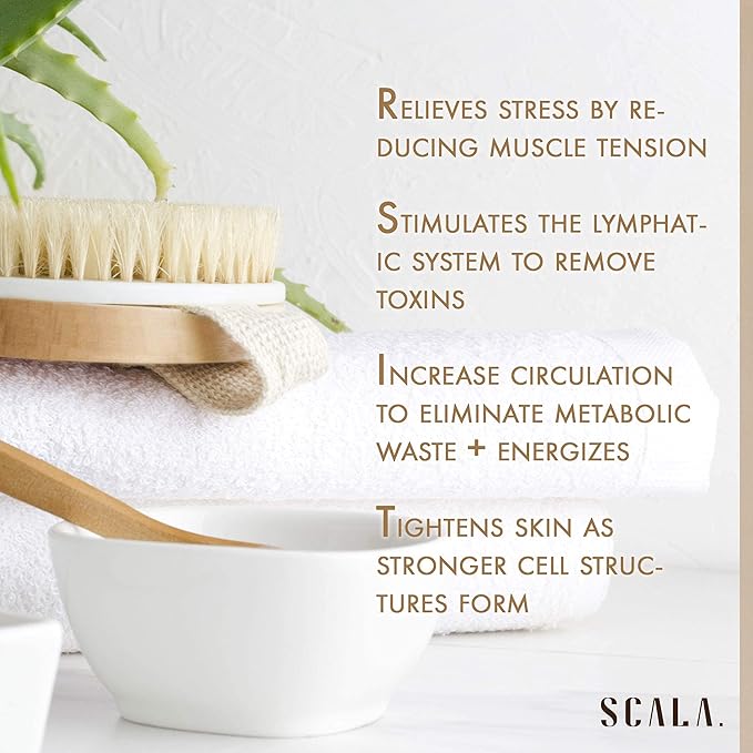 Dry Brushing Body Brush SCALA Natural Bristle Body Brush, Soft Body Exfoliating Brush Scrub for Dead Skin, Cellulite, Lymphatic Drainage, Blood Flow – Thicker & Stronger Medium Strength
