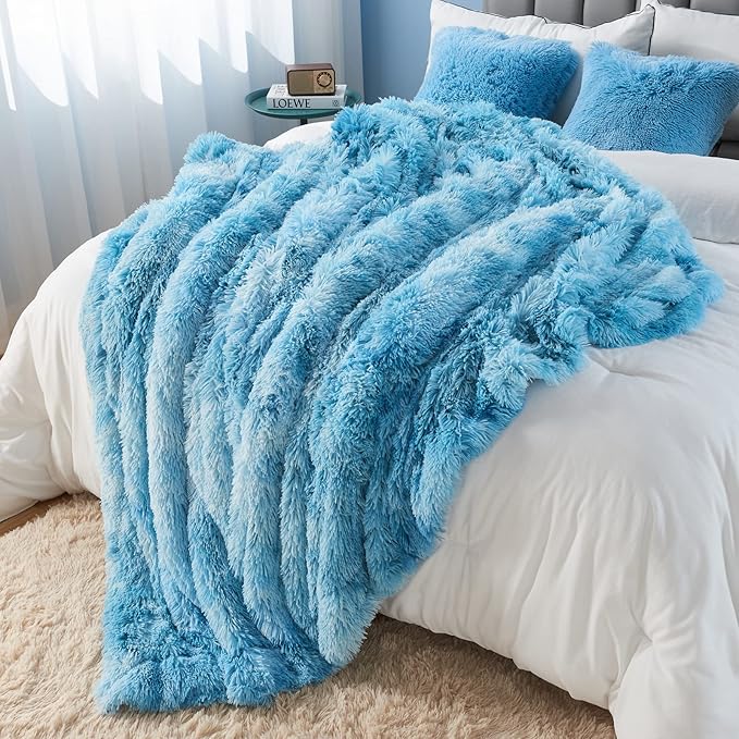 GONAAP Fuzzy Faux Fur Throw Blanket Queen Size Tie-dye Ocean Blue Super Soft Cozy Plush Fuzzy Shaggy Blanket for Couch Sofa Bed (Tie-dye Ocean Blue, Queen(90"x90"))