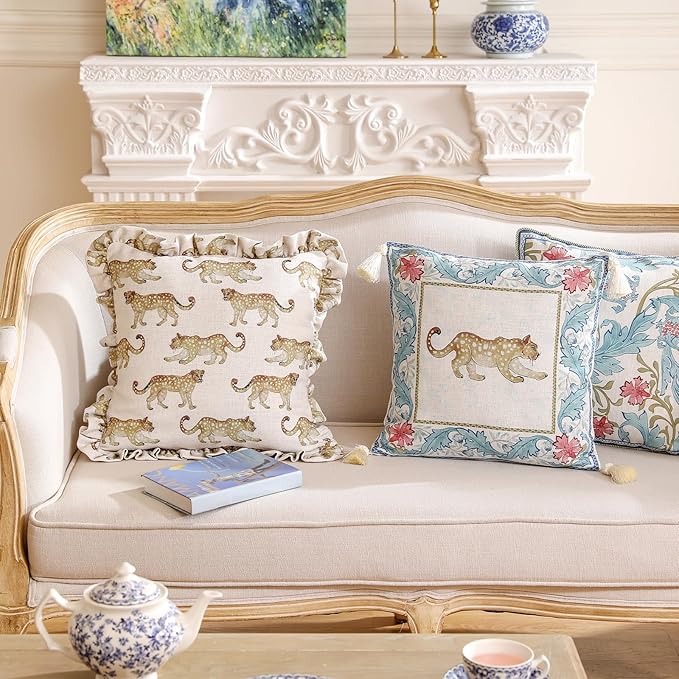patdrea Designer Throw Pillow Covers for Couch,Vintage French Linen Pillows Cover with Cheetah Pattern and Luxury Pendant,Fall Farmhouse Decorative Pillowcases for Bed Living Room Outdoor Set of 4