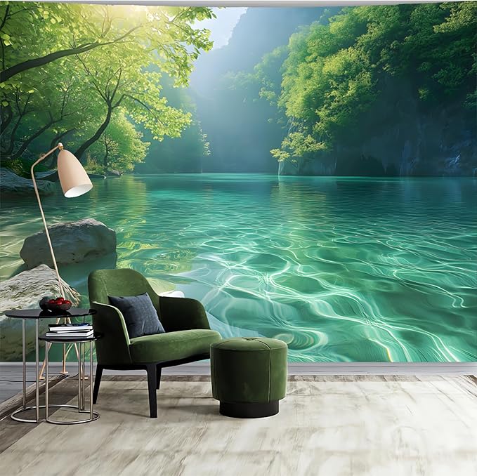 BSFHH Nature Tapestry Forest Tree Sea Cave Wall Hanging, Stream Through Rainforest Landscape Wall Art Tapestry for Bedroom Living room (Lake View, 110" × 87", Unframed)