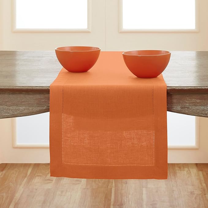 Solino Home Linen Pumpkin Table Runner 90 Inches Long - 100% Pure Linen Hemstitch 14 x 90 Inch Table Runner for Dining, Fall, Autumn, Halloween, Thanksgiving - Classic Hemstitch