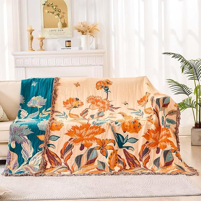 Boho Throw Blanket for Bed, 100% Cotton Soft Rustic Quilt Fall Blanket, 80" 90" Floral Printed Farmhouse Decor Bed Blankets, All Season Rustic Reversible Bohemian Throw Quilt