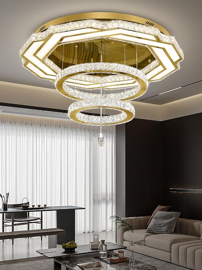 Flashing God Large Crystal Chandelier Dia 48" Gold Chandelier Flush Mount Ceiling Light for Bedroom Living Room Dining Room Hallway Dimmable 3 Rings LED Celing Lighting Fixtures