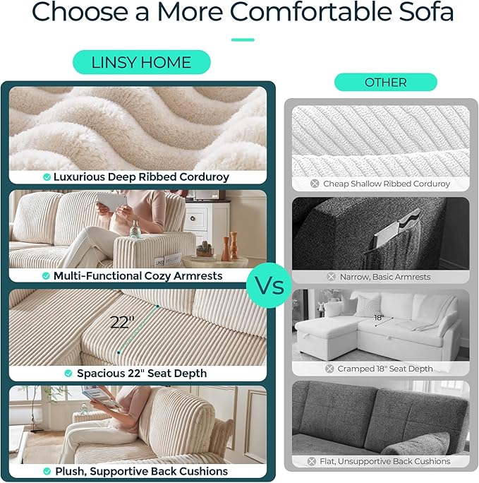 LINSY HOME Sectional Sleeper Sofa with Pull Out Couch Bed - Convertible Plush Corduroy Cloud Couch with Storage Chaise & USB Charging, Comfy U Shaped Modular Couches for Living Room, Beige
