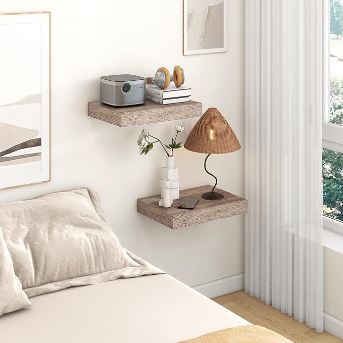 Deep Floating Shelves for Wall | 16 Inch Wide x 12 Inch Deep Floating Shelves Set of 2 | Rustic Grey Wood Wide Wall Shelves | Bookshelf Laundry Shelf TV Shelf