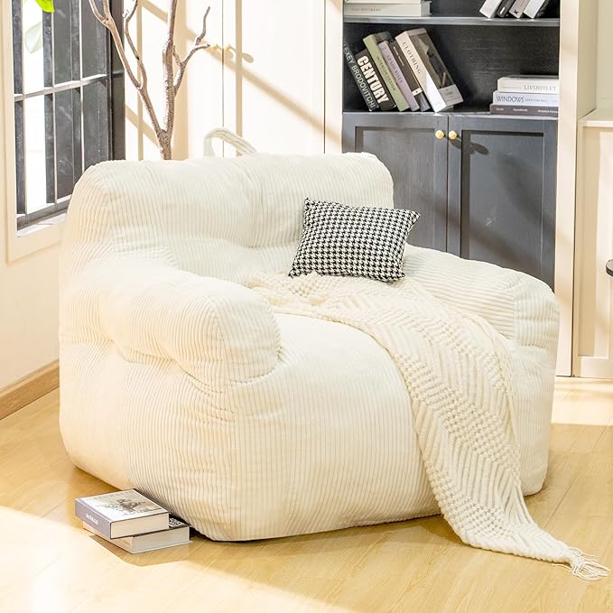 Bean Bag Chair for Adults - Faux Fur, Fluffy and Comfy with Filler, Big Sofa for Reading, Gaming (Beige, Oversize)