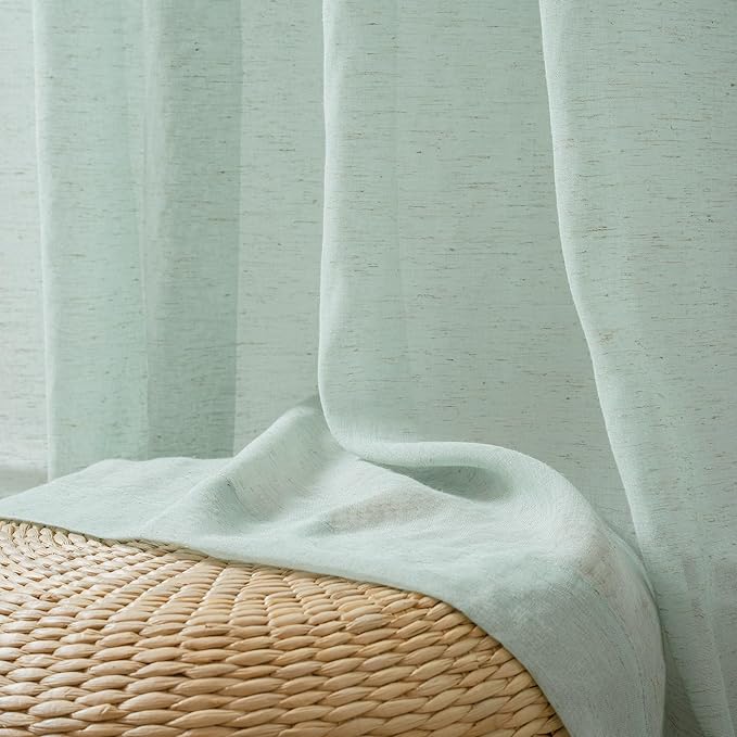 FMFUNCTEX Linen Sheer Curtains for Bedroom, Sage Green Curtains 96 inches Long for Living Room, Farmhouse French Flax Blend Window Draperies, Rod Pocket 2 Panels Set