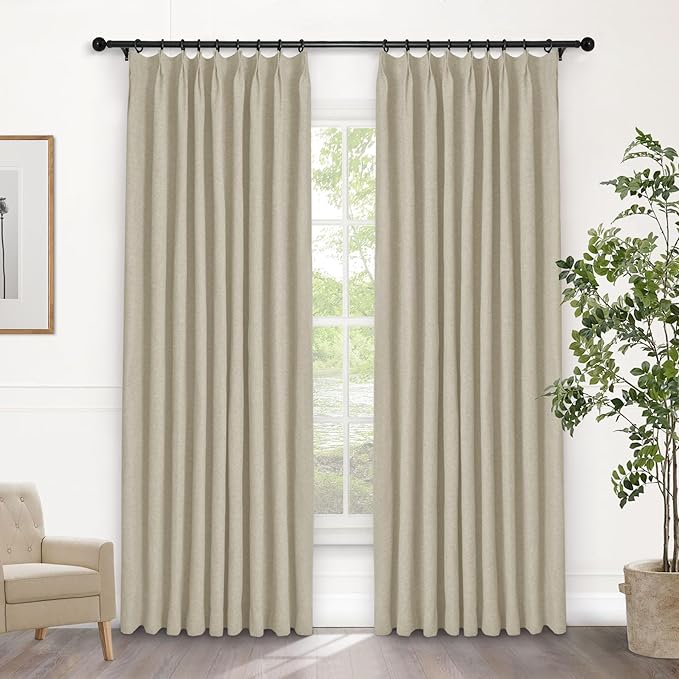 Macochico 100% Blackout Pinch Pleated Linen Curtains Thermal Window Treatments Sound Reducing Curtains for Bedroom Living Room Beige Farmhouse Burlap Drapes with Tieback 52”Wx63”L 1 Panel