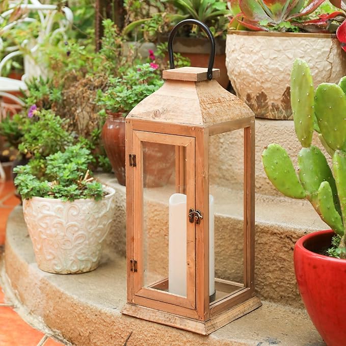 Large New Zealand Pine Lantern With Flameless Pillar Candles - IP65 Waterproof Decorative for Home Decor, Indoor Outdoor, Front Porch, Garden, Farmhouse Style