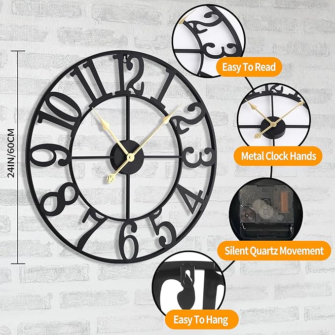 LEIKE Large Wall Clock, 24" Silent Non-Ticking, Battery Operated, Oversized, Decorative Retro Black Metal Clock for Living Room,Farmhouse, Dinner Room,Indoor, Outdoor Decor(60cm, Black Arabic Number)