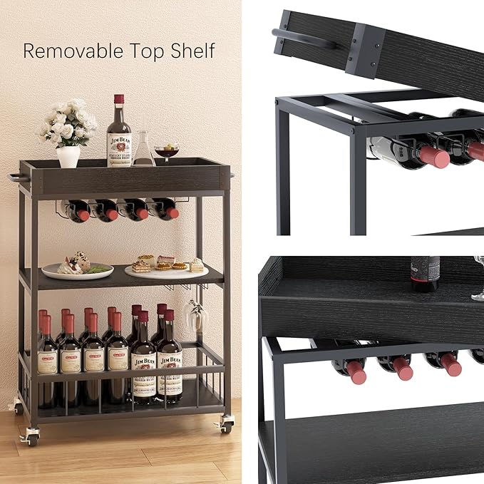 Bar Cart Serving Wine 3 Tier Home Rolling Rack with Wheels Mobile Kitchen Industrial Vintage Style Wood Metal Serving Trolley Serving Cart, Drink Cart for Living Room Kitchen
