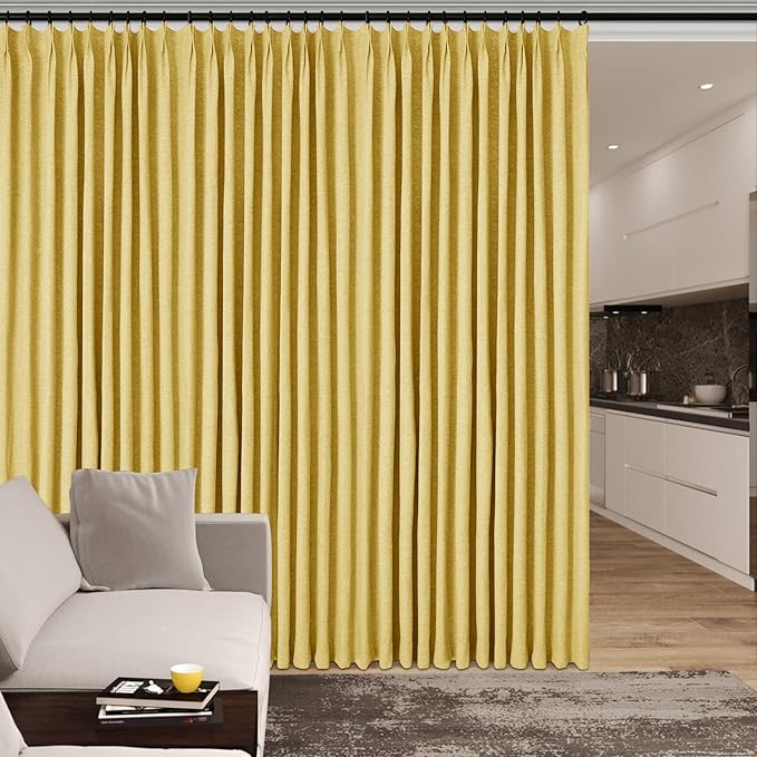 100" W x 84" L Faux Linen Room Divider Curtains, Full Blackout Pinch Pleated Drapes for Traverse Rod, Bedroom Divider Privacy Drapery with Hooks for Ceiling Track, 1 Panel, Yellow